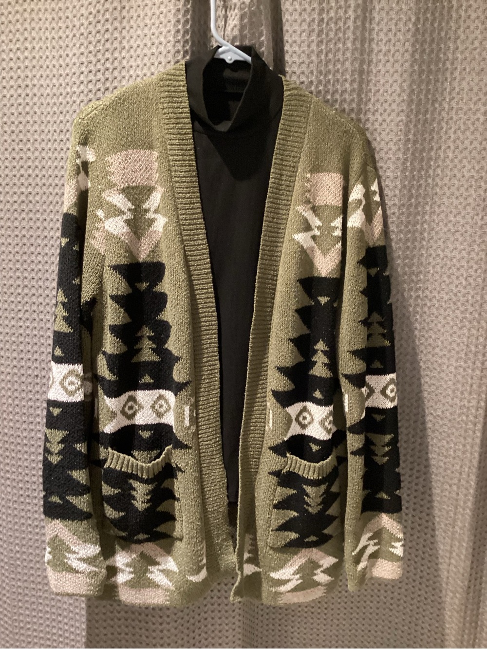 Men's Olive Aztec Open-Front Cardigan Sweater